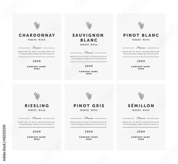 Fototapeta Etykiety na wino białe. Wektor zestaw szablonów premium. Czysty i nowoczesny design. Shardonnay, Pinot Blanc, Riesling, Sauvignon, Semillion.