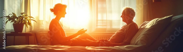 Obraz caregiver sitting beside senior patient in warm setting