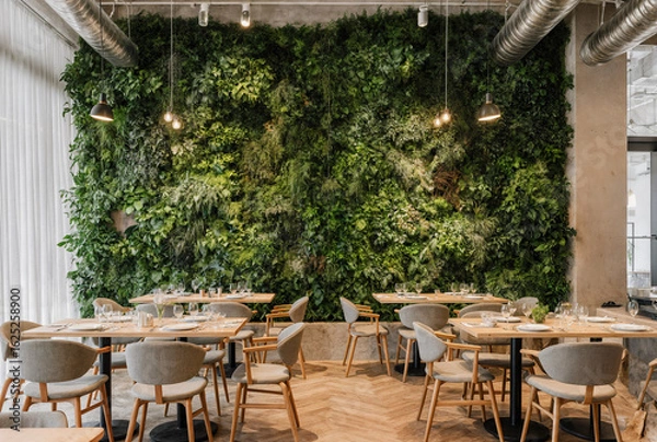 Fototapeta Sustainable cafe interior with living green wall and vertical garden in biophilic design