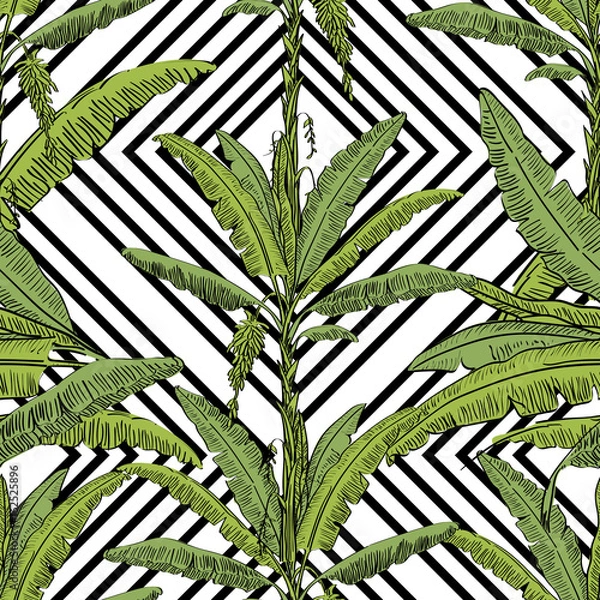 Fototapeta Vector drawn banana palm tree seamless pattern with leaves on white background in a sketch style. Exotic collection.