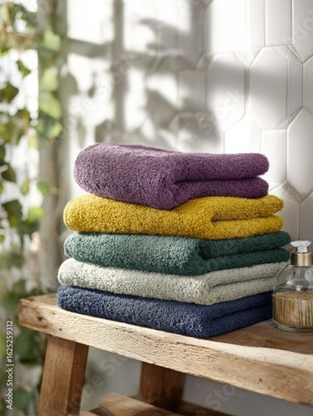 Fototapeta Stack Of Colorful Towels On Wooden Shelf In Bathroom