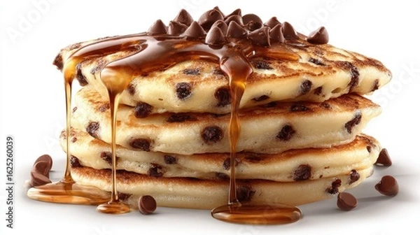 Fototapeta Chocolate Chip Pancakes Stacked With Maple Syrup