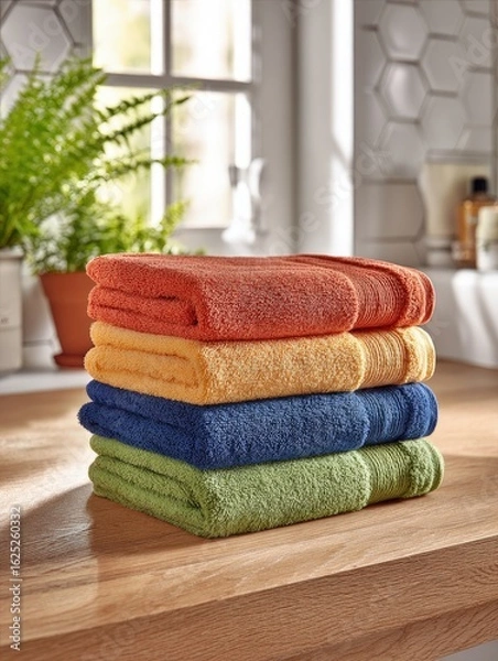 Fototapeta Colorful Stack Of Towels On Wooden Countertop