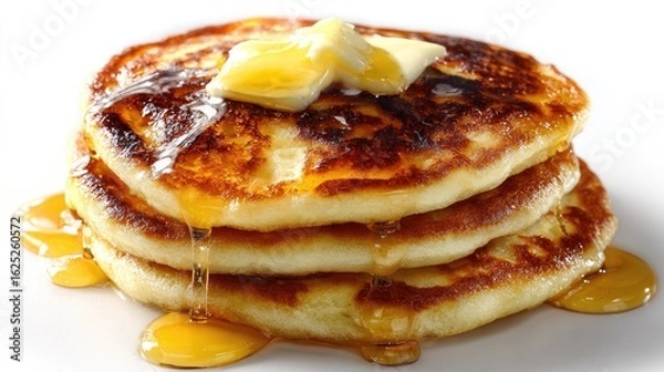 Fototapeta Golden Brown Stacked Pancakes With Butter And Honey