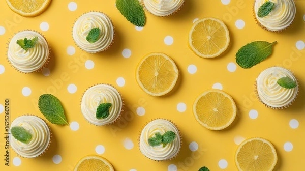 Fototapeta Flat lay with lemon cupcakes citrus slices mint leaves and a yellow polka-dot backdrop fresh and zesty