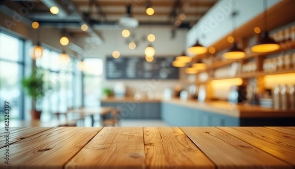 Fototapeta Empty wooden table against blurred coffee shop background allows customizable product placement and creative staging for commercial projects