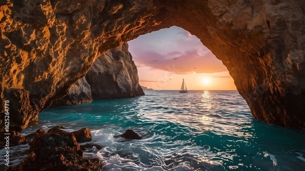 Fototapeta Serene Sunset Through Coastal Rock Arch with Ocean View and Seagulls – Tranquil Nature Landscape