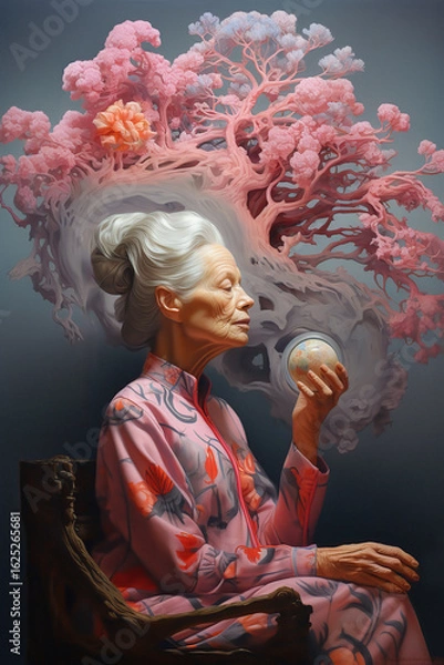 Fototapeta elderly woman with Alzheimer's reflecting on memories in a serene, artistic setting with vibrant colors and abstract forms