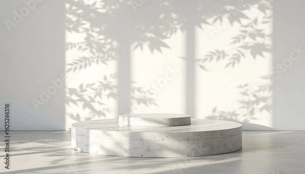 Fototapeta Minimalist presentation stage featuring a concrete podium in a sunlit room casting shadows of foliage on a neutral wall