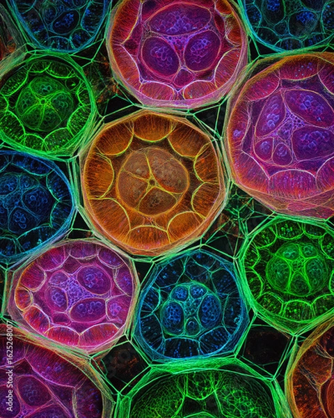 Fototapeta Art Deco style: microscopic pattern abstraction, stylized cells with precise deco symmetry, vivid lab colors