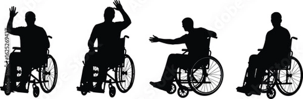 Obraz Wheelchair, Silhouette, People, Waving, Interaction, Inclusivity, Accessibility, Disability, Awareness, Community, Support, Vector, Illustration, Black, White, Healthcare, Mobility, Independence