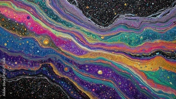 Fototapeta Abstract Colorful Liquid Paint Texture With Pixel Art Galaxy Design