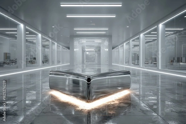 Fototapeta A futuristic chrome podium empty in a sterile lab designed for an experimental cosmetic product