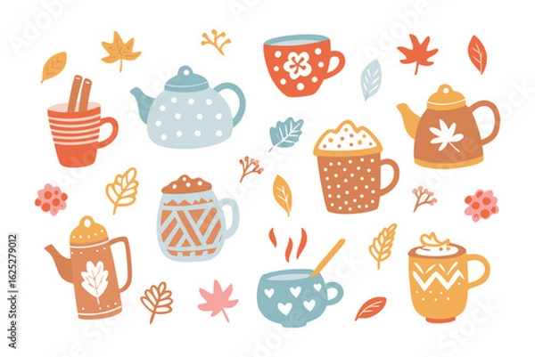 Fototapeta Cozy Autumn Drinks and Teapots: Charming cartoon illustration, featuring warm autumn beverages, from coffee to tea, and stylish teapots. Whimsical.