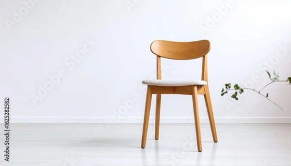 Fototapeta Elegant wooden chair adds style to your modern home interior design with minimalist neutral color scheme