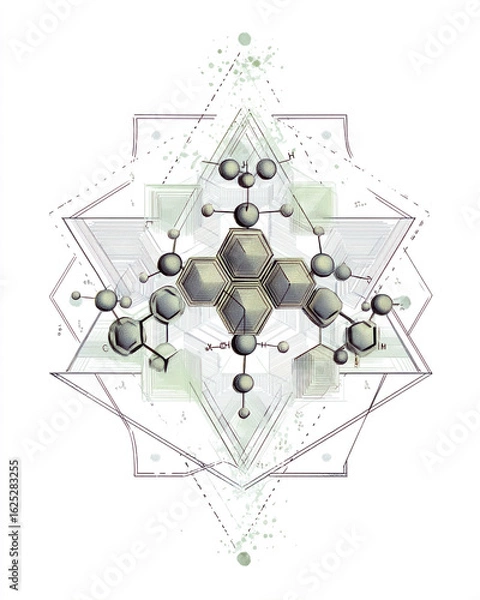 Fototapeta Art Deco style: molecular structure illustration, decorative hexagons with lab aesthetic, cool scientific symmetry