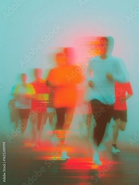 Fototapeta Group of runners in digital motion blur - running poster background