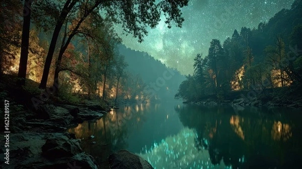 Fototapeta A hidden forest lake under a starry night sky scenic landscape with glowing bioluminescent waters and towering ancient trees
