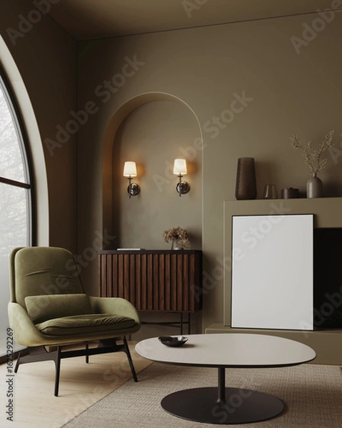 Fototapeta Modern Minimalist Interior with Blank Poster Frame and Soft Lighting, 3d illustration.