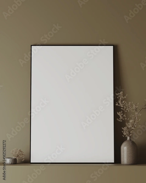 Fototapeta Modern Minimalist Interior with Blank Poster Frame and Soft Lighting, 3d illustration.