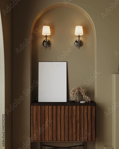 Fototapeta Modern Minimalist Interior with Blank Poster Frame and Soft Lighting, 3d illustration.