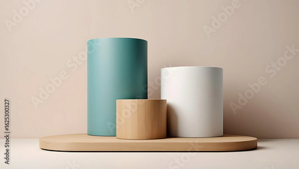 Fototapeta Minimalist display of three cylindrical pedestals in varying heights and colors on a wooden base against a soft neutral background
