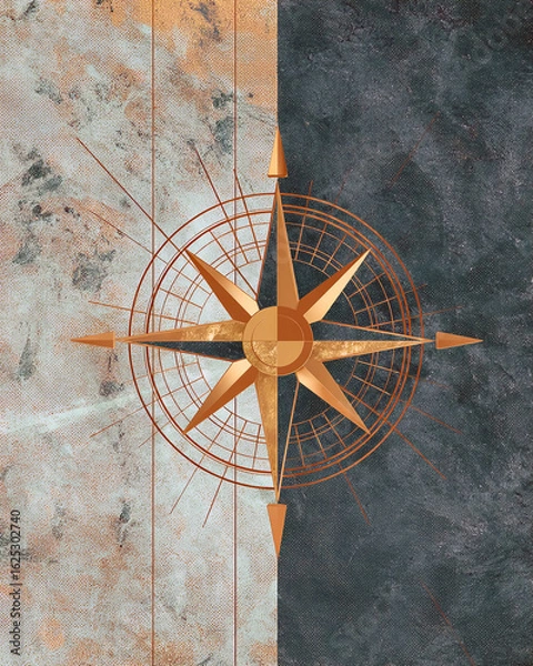 Fototapeta Art Deco style: vintage travel map layout, bronze geometric compass over sandy green texture, elegant navigation aesthetic