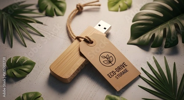 Fototapeta A wooden eco drive storage with tag surrounded by tropical leaves on a light grey surface