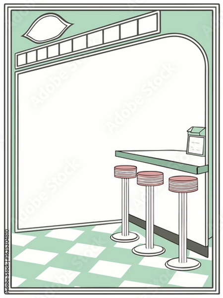 Fototapeta An illustration of a retro 1950s diner interior with an empty counter. 
