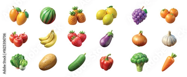 Fototapeta 3D Colored Vegetables and Fruits PNG Set ? Realistic Isolated Render Collection.eps