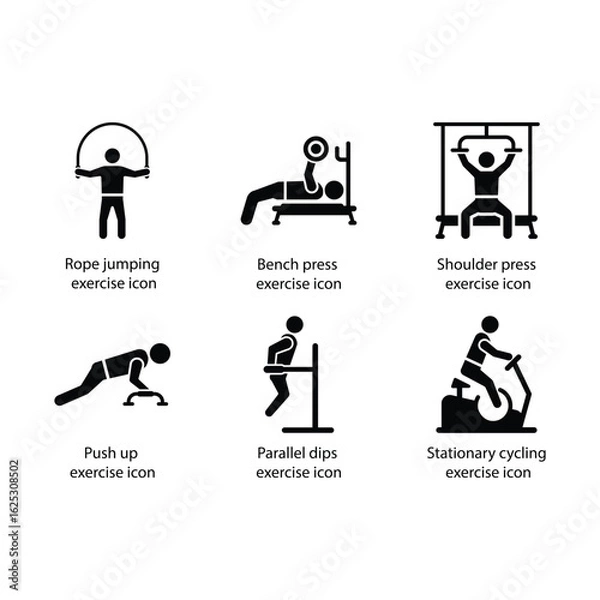 Obraz jumping exercise, Bench press, Shoulder press, Push up, Parallel dips, Stationary cycling, icon