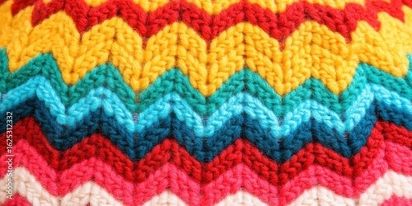 Fototapeta Colorful knitting pattern with zigzag chevron texture featuring wool yarn and handmade textile in vibrant craft design style