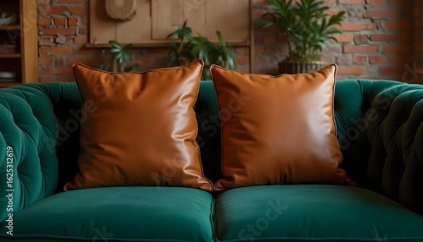 Fototapeta Pair of leather cushions on a tufted velvet sofa, contrasting textures, upscale home setting .