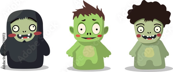 Fototapeta Set of 3 vector cute halloween zombie squishmallows isolated on white background. Soft funny green flat cartoon style toy monsters