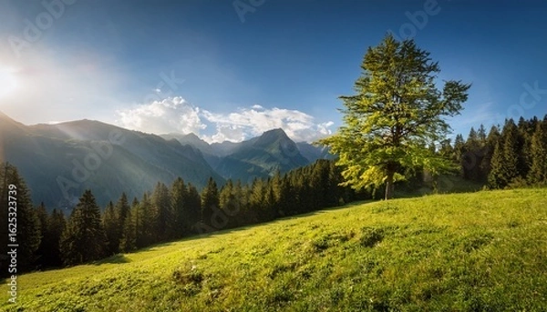 Fototapeta serene lone tree on grassy hill in alpine forest with mountains and sunlight creating mystical ambiance
