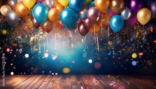 Fototapeta a magical take on a vibrant birthday banner filled with colorful balloons and confetti