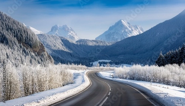 Fototapeta winding road through a snowy frosted landscape with mountains in the background