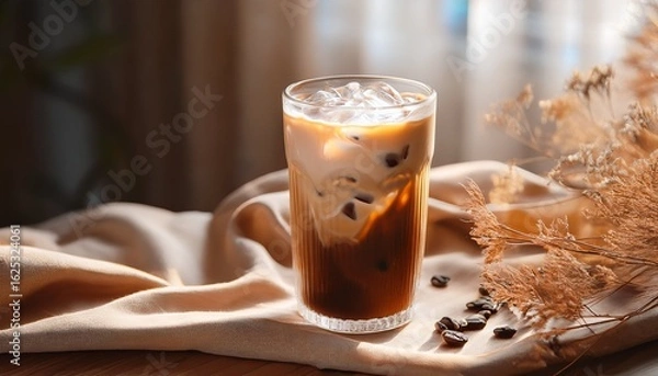 Fototapeta a glass of frothy iced coffee sits on a soft fabric alongside dried flowers in warm natural light