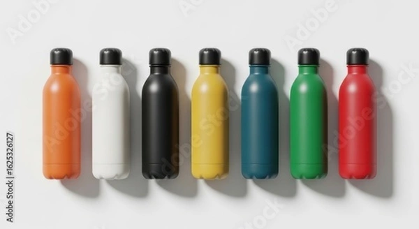 Fototapeta Vibrant Collection of Modern Reusable Water Bottles Arranged in a Row