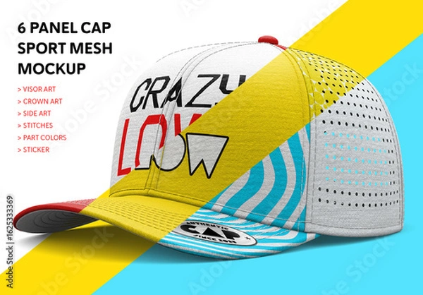 Fototapeta 6-Panel Sports Cap Mockup PSD – Customizable Hat with Laser Mesh and Smart Object