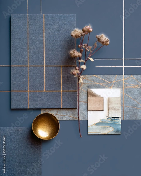 Fototapeta Art Deco style: interior moodboard layout, dusty blue background with bronzed lines and decorative pattern