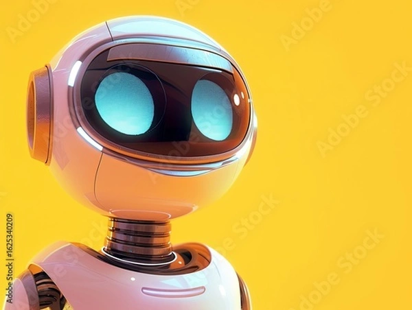 Fototapeta Cheerful and friendly chatbot with bright eyes set against a vibrant yellow background, showcasing modern design and engaging personality