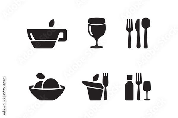 Fototapeta Set of six black and white food and drink icons for restaurant or cafe