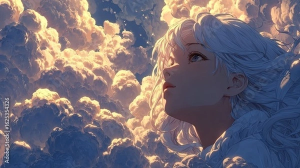 Fototapeta Radiant anime angel heavenly clouds floating overhead divine illumination casting rays upon her face