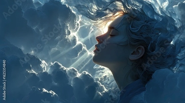 Fototapeta Radiant anime angel heavenly clouds floating overhead divine illumination casting rays upon her face