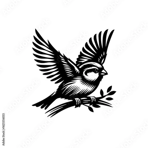 Fototapeta Small bird with open wings perched on a leafy branch black and white graphic illustration.