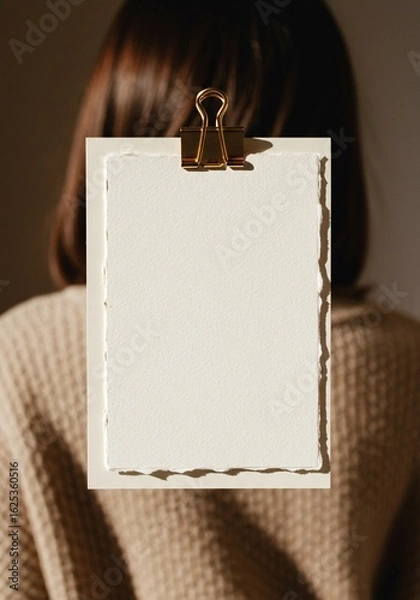 Fototapeta Minimalist stationery mockup with a blank card held by a woman in warm sunlight.