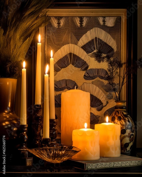 Fototapeta Art Deco style: candlelight still life with soft amber glow, art deco interior hints, ivory warmth and calm