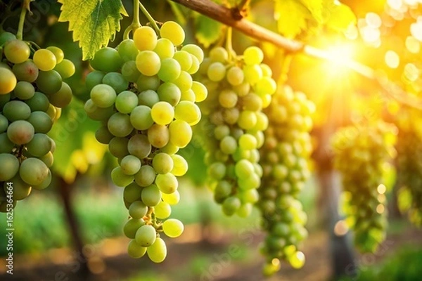 Fototapeta A bunch of green grapes hanging from a vine