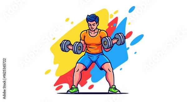 Fototapeta Colorful Vector Illustration of Man Exercising With Dumbbells for Fitness and Weight Training Activities